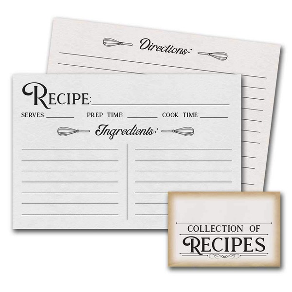 50 Recipe Cards - Off White Vintage Style | 4 x 6 inches, Double Sided with Recipe Box Sticker | Bridal Shower, House Warming Gift