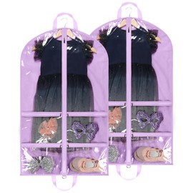 KEEGH Clear Garment Bags for Dance Costumes 40 inch Dance Garment Bags for Dancers Hanging Clothes for Closet Storage, with 4 Zipper Pockets for Dance Competitions, Ballet, Theatre, 2 Pack, Purple