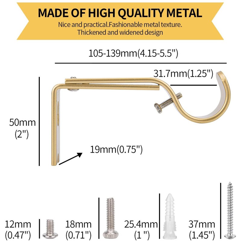 Ycolnaefllr Set of 3 Golden Adjustable Curtain Rod Brackets Rod