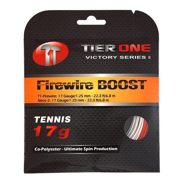 Tier One Sports Firewire Boost - A Hybrid Co-Poly/Co-Poly Tennis String for Ultimate Ball Bite (Set - Red/White, 18 Gauge (2 x 6.8 m Sets))