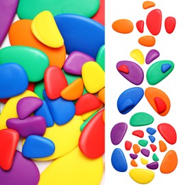 Simgoing 144 Pcs Rainbow Stacking Stones Colorful Pebbles Sorting and Stacking Stones Math Manipulatives Educational Toys for Preschool Kindergarten Montessori Toys, 6 Colors(Bright)