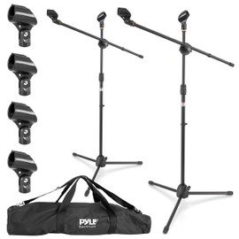 Pyle Universal Adjustable Tripod Microphone Stand - Pair of Heavy Duty Lightweight Professional Compact Extendable Stage Studio Floor Standing Boom Mic Holder w/ Carry Bag, 5/8" Adapter - PMKSKT35