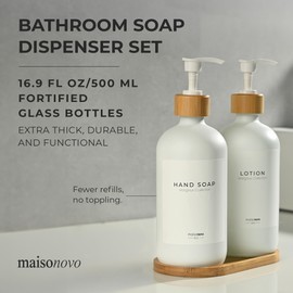 MaisoNovo Kitchen Soap Dispenser Set - Glass Soap Dispenser with Pump - White Bamboo White Pump 16.9 fl oz - Bathroom Soap Dispenser Set of 2 - Soap and Lotion Dispenser Set with Tray