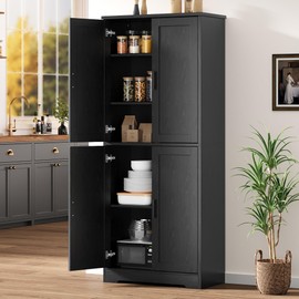 GarveeHome 70 Inch Tall Kitchen Pantry Cabinet, Freestanding Storage Cabinet with 4 Doors and Adjustable Shelves, Utility Hutch Cupboard for Dining Room, Bathroom, Living Room (Style A, Black)