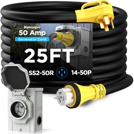 25FT 50 Amp Generator Cord with Twist Lock and Pre-Drilled Power Inlet Box, Heavy Duty NEMA 14-50P to SS2-50R Extension Cord with Inlet Box, 125/250V, 12500W, ETL Listed, for Generator to RV, House