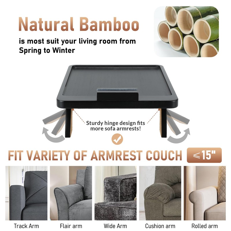 SINWANT Couch Armrest Table, Large Bamboo Couch Arm Table 360°