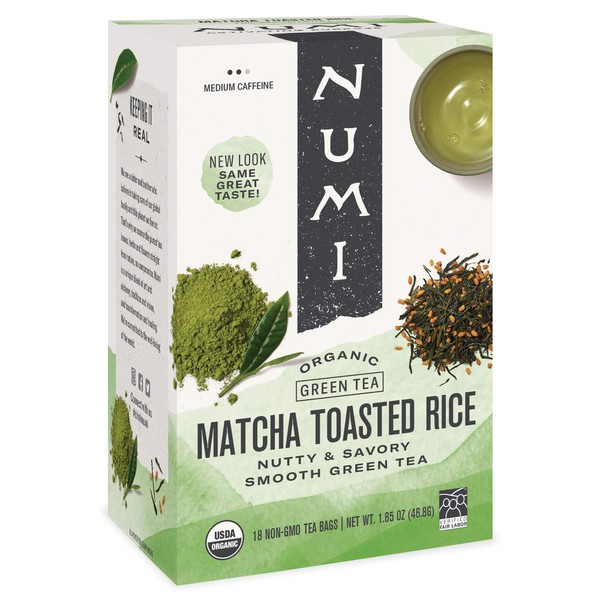 Numi Organic Tea Matcha Toasted Rice, 18 Count Box of Tea Bags (Pack of 6) Green Tea (Packaging May Vary)