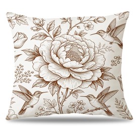Vintage Peony & Hummingbird Pillow Cover 18x18 Inches