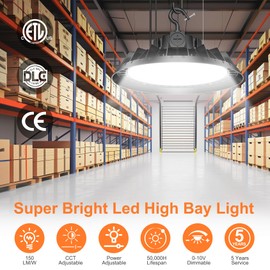 LED High Bay Lights, 300W UFO High Bay LED Shop Lights, 45000LM Adjustable CCT(5700K 5000K 4500K) & Power(300W 240W 200W), 0-10V Dimmable, 5' Cable Plug, IP65 Waterproof, ETL & DLC Listed High Bay