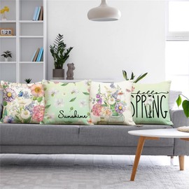 KISVODS Spring Pillow Covers 18x18 Mint Green Spring Summer Farmhouse Decorations Floral Butterfly Throw Pillow Covers Hello Spring Sunshine Cushion Case for Sofa Couch Set of 4