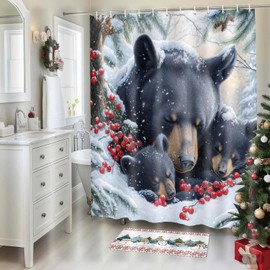 Wathon - Cortina de ducha de oso negro de invierno con escena nevada con osos abrazados rodeada de nieve y bayas rojas, decoración de baño festiva de Navidad, 70 x 70 pulgadas, cabaña y bosque, vida
