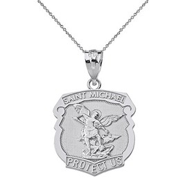 Sterling Silver Saint Michael Protect Us Shield Shaped Medal Necklace, 18"