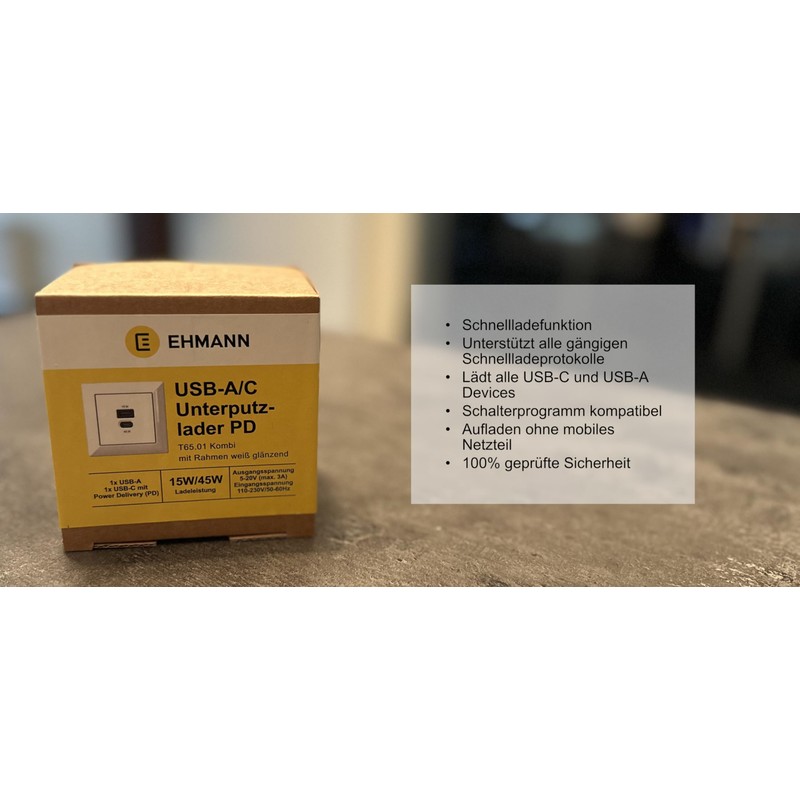 Flush-Mounted USB Charging Station, USB-C 45 Watt + USB-A 15