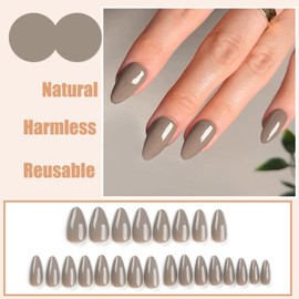 Ceboic 24 Stück Grau French Press on Nails Mittel Mandel Fingernägel Zum Aufkleben Einfarbig Cute Künstliche Nägel Wiederverwendbares Almond Acryl Full Cover Kunstnägel Fake Nails für Frauen