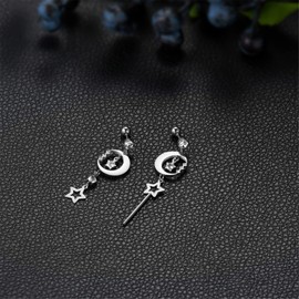 Flongo Women's Asymmetric Earrings Hoop Earrings in Silver Black Gold Stud with Hanging Chains Pendant for Women, Stainless Steel