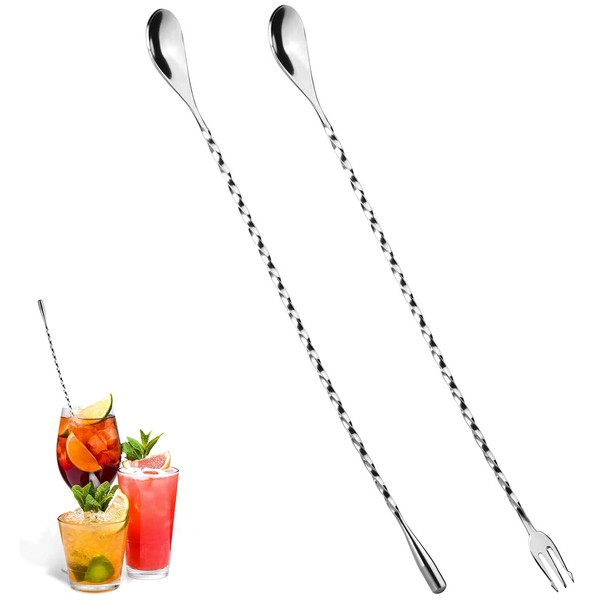 Bar Spoons, 2 Pcs 12 Inches Stainless Steel Cocktail Spoon, Cocktail Mixing Spoon for Cocktail, Smoothies, Milkshakes, Juice, Coffee, Drink (Silver)