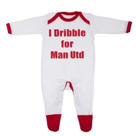 'I Dribble For Man Utd' Baby Boy Girl Sleepsuit 100% Fine Combed Cotton (0-3 Months, White/Red Trim)