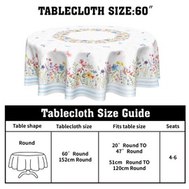 Spring Floral Round Tablecloth 60 Inch Summer Wildflower Butterfly Polyester Table Cloth Cover Rustic Farmhouse Decoration for Easter Holiday Party Kitchen Dinner