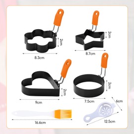 Egg Rings for Frying, 4 PCS Stainless Steel Egg Rings, Egg Shaper Fried Egg Cooking Rings with Oil Brush Strainer Spoon for Pancakes Breakfast Omelette Sandwich(4 Shapes)