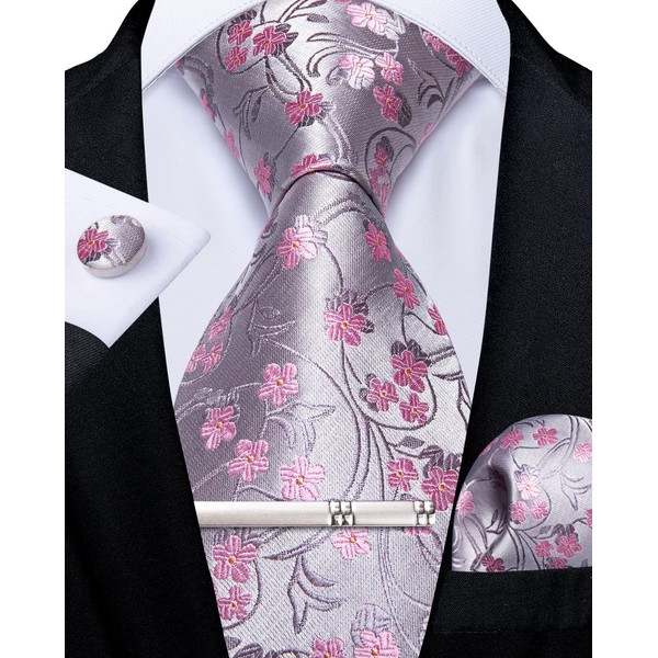 DiBanGu Mens Silk Tie Handkerchief Pink Floral Necktie and Pocket