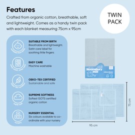 Bloomsbury Mill - Cellular Blankets Baby - Soft 100% Organic Cotton Baby Blanket - Pack of 2 - Baby Essentials For Newborn - Ideal for Cot Bed, Travel, Car Seat, Pram, Moses Basket - Blue 75x95cm