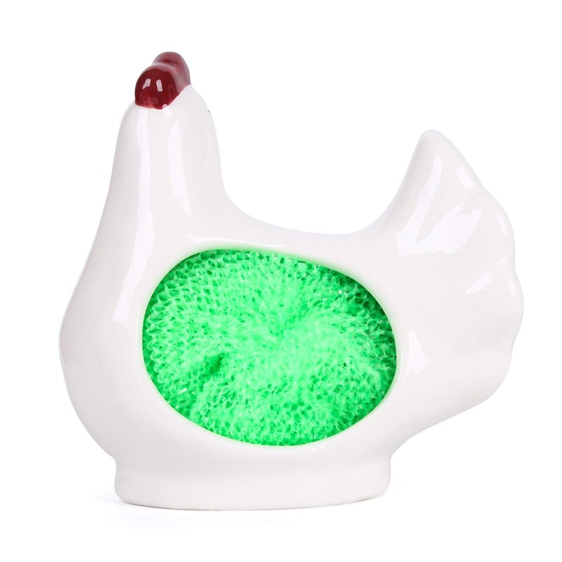 Ceramic Kitchen Scrubby Sponge Holder, White Chicken Collection, Adorable Home