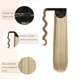 Dcbaboo Ponytail Hairpiece Braid Extensions Straight Long 55 cm Wrapped Ponytail Extension Hair Extension Braid Clip in Synthetic Straight Ponytail Extension Synthetic Hair, Sandy Blonde & Bleach