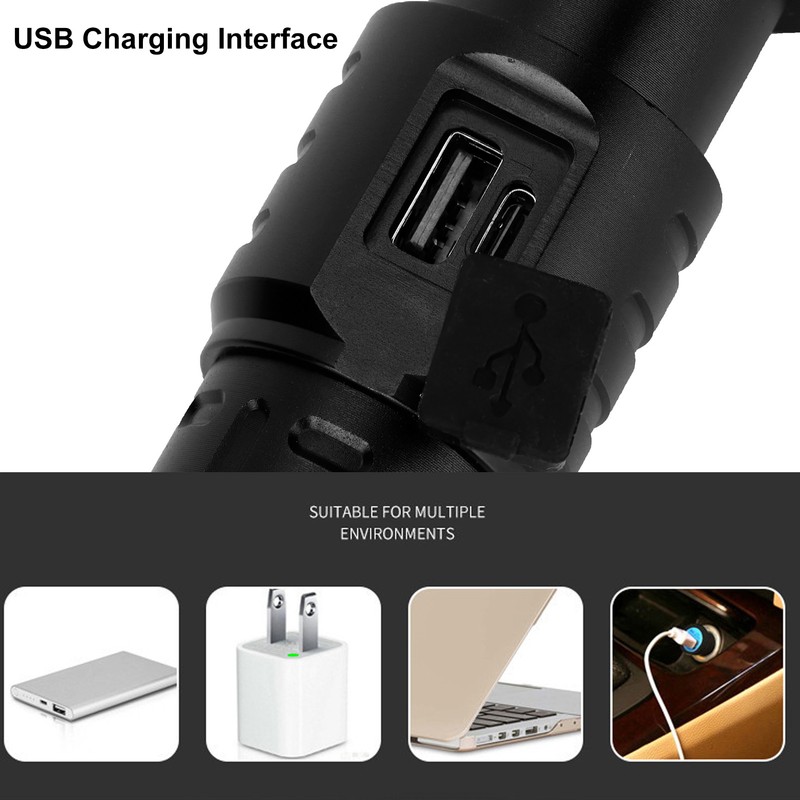 XHP90 Telescopic Zoom Flashlight Waterproof Electric Torch USB Charging for