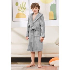EK4YDNDS Boys Fleece Robe, Hooded Soft Warm Bathrobe Sleepwear for Kids 2-12 Years(Dark Grey, 8)
