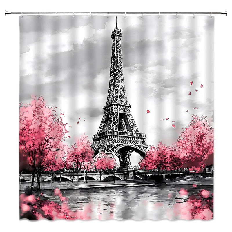 AMFD Eiffel Tower Shower Curtain Pink Romantic France Paris City