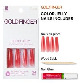 GoldFinger False Nails Kit, Jelly Color Ready to Wear Red Fake Nails, Manicure Stick and Glue Included, XX-Long Length, Coffin Shape, Long-Lasting Hottest Trend Glue on Nails