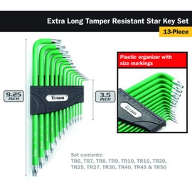 Titan Tools 12715 Extra-Long Arm Tamper Resistant Star Key Set - 13 Piece , Green, 1