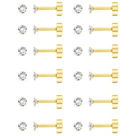Thunaraz 12 Pairs 14K Flat Back Earrings 20G Cartilage Earring Stud Tiny 2MM 3MM 4MM Flat Back Stud Earrings Gold 2mm