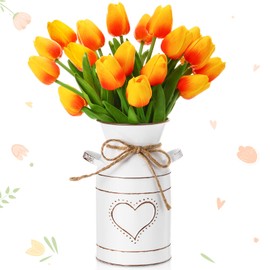 Uiifan 19 Pcs Spring Tulips Table Centerpieces Decoration 18 Assorted Artificial Fake PU Tulip Flowers Bouquet with 1 Vintage Metal Bucket Potted Vase for Easter Wedding Home Office(Sunset Red)