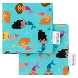 Funkins Reusable Cloth Napkins for Kids | 12”x12”, 2-Ply, Thick, Absorbent, Durable | Machine Washable | Name Tag | Soft Cotton Fabric | Great for School Lunchboxes | Set of 2 Napkins | Mermaids