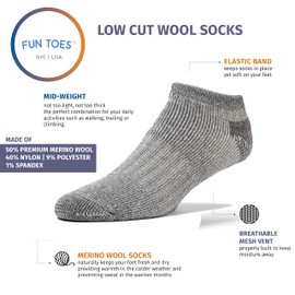 FUN TOES Low Cut Ankle Merino Wool Mens Hiking Running Socks Compression Arch Support Cushioned 6 Pairs (Grey)