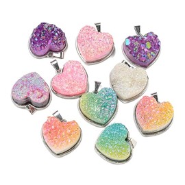 Stiesy 5Pcs Random Colour Heart Agate Charms Natural Eletroplated Druzy Agate Pendant Charm Colourful Love Heart Shape Gemstone Healing Crystal Stone Charms for Jewellery Making Bracelet Craft Earring