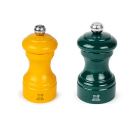 Peugeot Bistro Pepper and Salt Mill Set, 4in - Beechwood Mills with Adjustable Grinding - For Peppercorns and Rock Salt, Corrosion-Resistant - Essential Kitchen Tools (Saffron/Green)