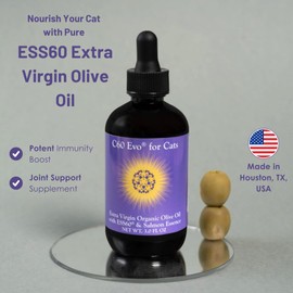ESS60 Olive Oil for Cats - Organic Extra Virgin Olive Oil, Pure C60 ESS60 (.8 mg/mL) & Natural Salmon Essence to Support Your Cats’ Flexibility, Energy, Immunity, Longevity - 3 oz