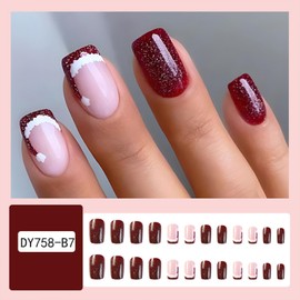 Christmas Press on Nails Medium Square Fake Nails Santa Hat French Tip False Nails Glitter Full Cover Stick on Nails Acrylic Winter Xmas Artificial Nails for Women Girl New Year Nail Decorations 24Pcs