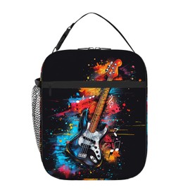 DOINBEE Music Guitar Lunch Box Colorful Musical Notes and Bass Guitar on Black Lunch Bag for Boys Girls Women Men, Insulated Reusable Cooler Lunchbox Leakproof Meal Tote Bag for School Work