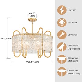 Shrine Lighting Gold Chandeliers, Modern Luxury Style, Perfect Glass Chandeliers for Living Space, D23.4'' × H19.5'', 6 x E12 Sockets, Glass Shade & Brass Finish Frame