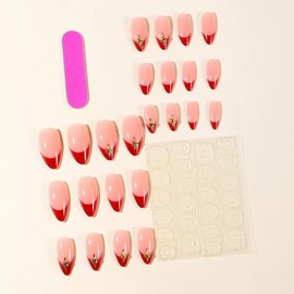 Medium Almond Press On Nails Red French Tip Fake Nails With Metal Star Design Full Cover Glue On Nails Glossy Artificial Reusable Nails Stick On Nails Acrylic False Nails For Women Manicure Art 24pcs