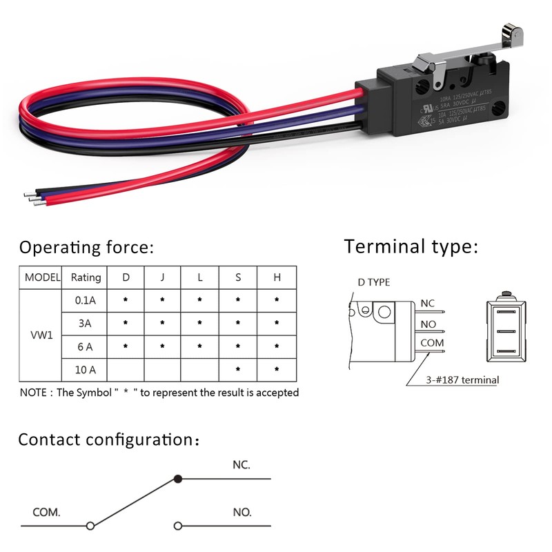DIYhz Waterproof Momentary Hinge Roller Lever Micro Switches with Line
