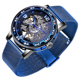 Tiong A1089 Blue Mesh Band Men's Casual Mechanical Watch, Waterproof Business Mechanical Mesh Band Watch Arabic Digital Dial for Men-Blue