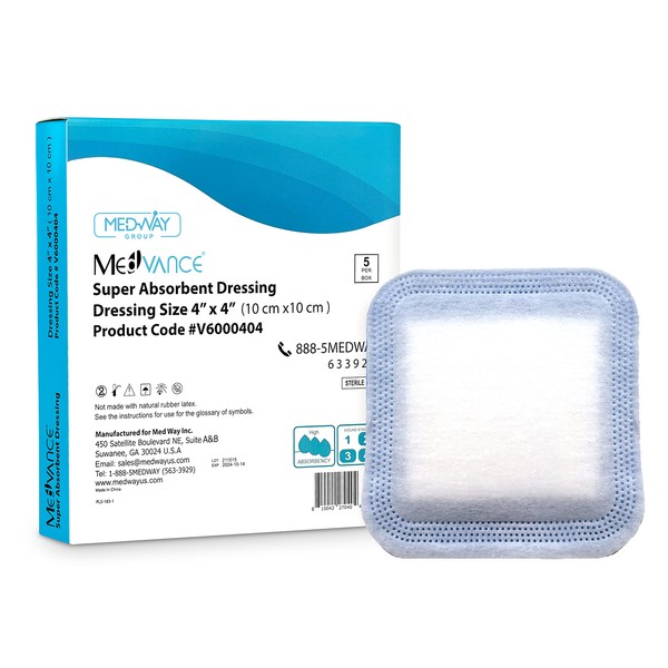 MedVance Super Absorbent Dressing, Non-Adhesive Pads for Wound Care, Pressure Ulcers & 1st/2nd Degree Burns, Superior Moisture Absorption, Box of 5 dressings (4"x4" Bandage, 2.75"x2.75" Absorbent Pad)