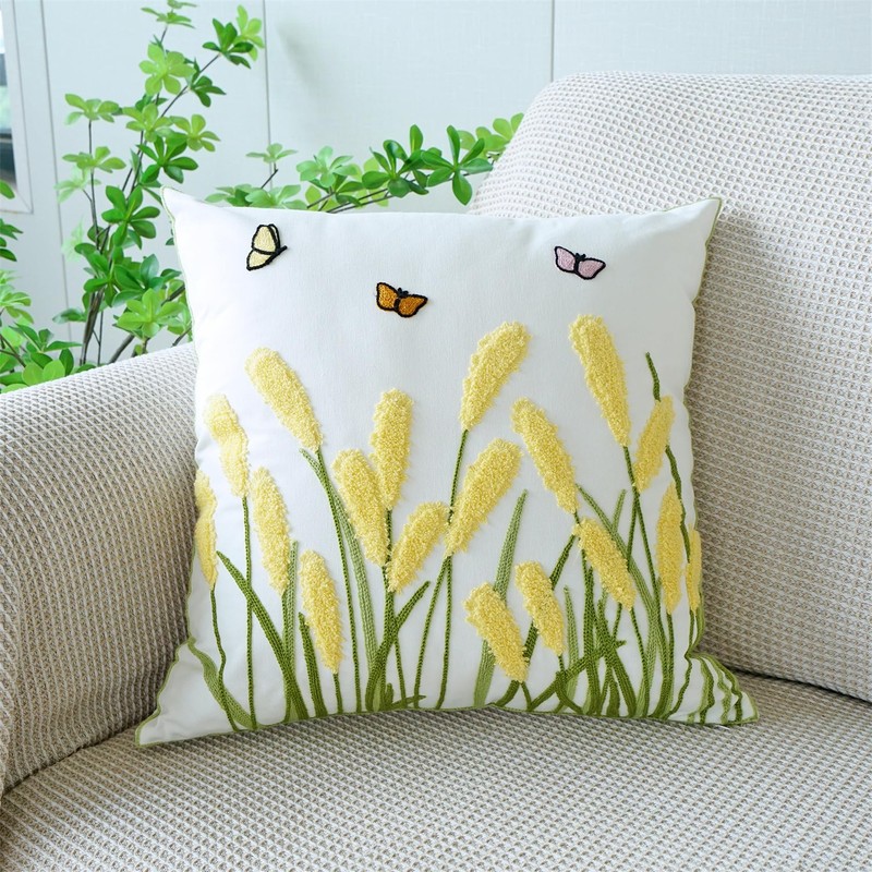 LB Embroidered Pillow Covers 18x18 Inch Set of 2, Reed