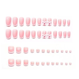48Pcs White French Tip Press on Nails & Toenails Set 3D Bow Fake Nails Cute Glue on Nails Short Square Fake Toe Nails Glossy Full Cover Artificial Toenails Nude Pink Acrylic Nails for Women and Girls