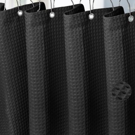 Luxury Upgraded Black Waffle Weave Shower Curtain 256GSM Hotel-Quality Thick Fabric Shower Curtain for Bathroom Spa-like Water-Repellent Machine Washable Bath Curtain with Weighted Hem, 72 x 72 Inches