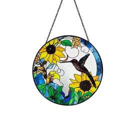 Hummingbird and Sunflowers Stained Glass Suncatcher/Window Hanging – Handcrafted Glass Art, Perfect for Home, Garden, and Gift Giving, 7.8 Inch Round Design